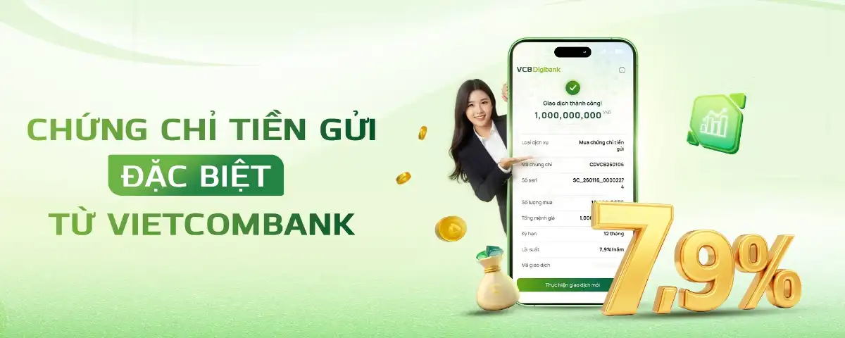 Vietcombank tiếp tục phát hành Chứng chỉ tiền gửi trực tuyến với lãi suất lên đến 7,9%/năm